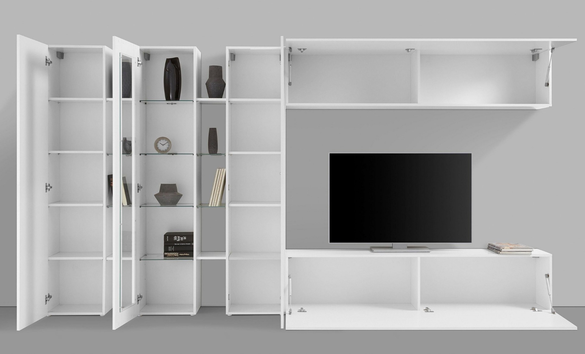 Parete attrezzata con 1 vetrina, 2 colonne e 2 pensili orizzontali, finitura bianco lucido