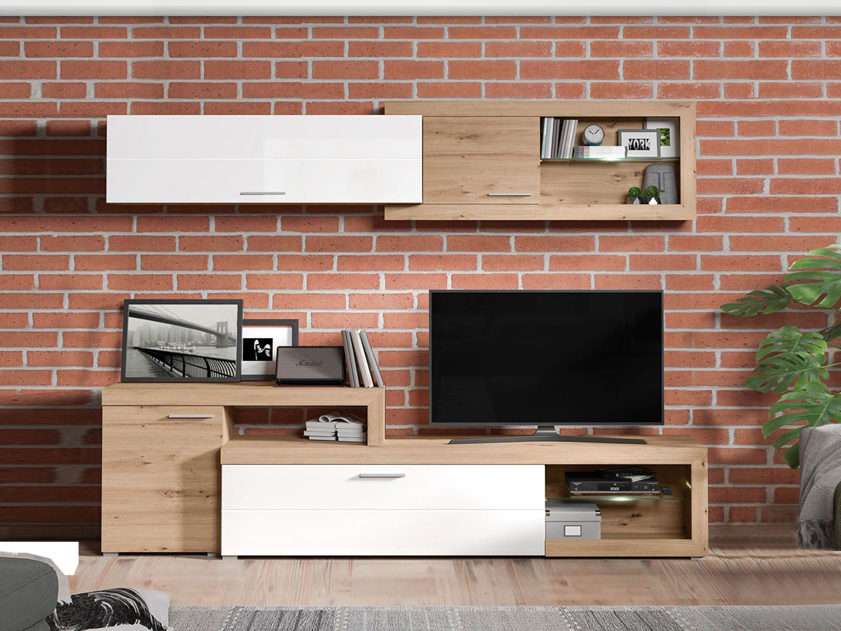 Parete attrezzata design moderno, finitura Rovere e Bianco