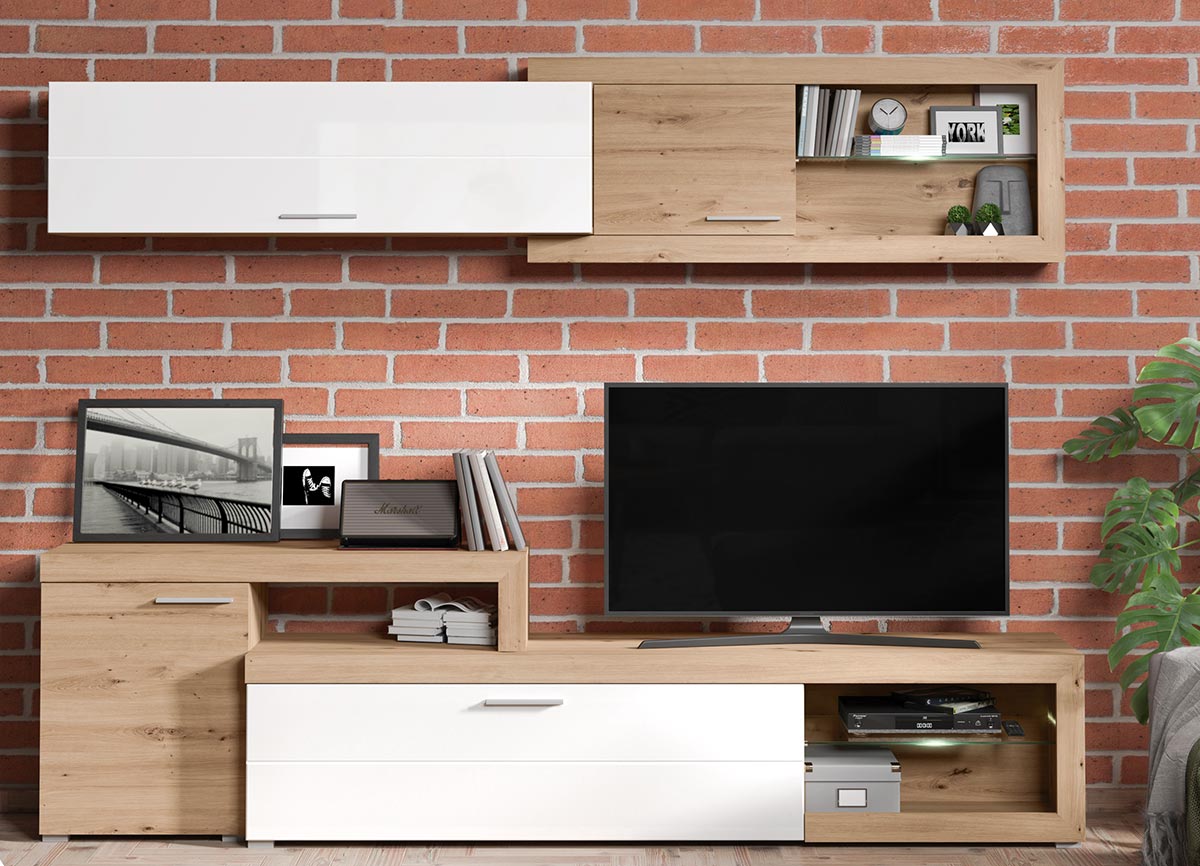 Parete attrezzata design moderno, finitura Rovere e Bianco