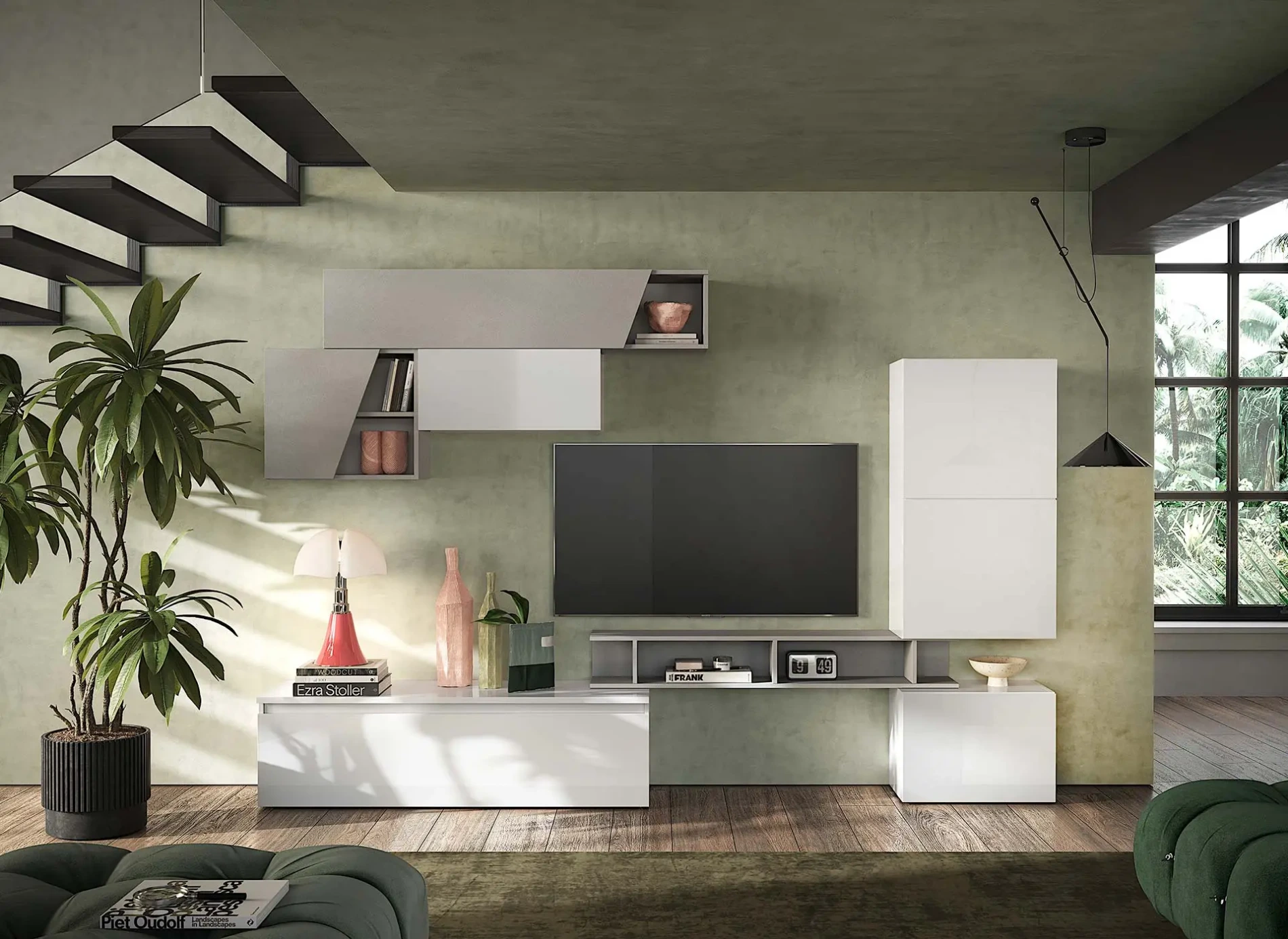 Aggiungi al carrello Parete attrezzata 310x40x210 h cm, Bianco e Gesso, collezione Logica