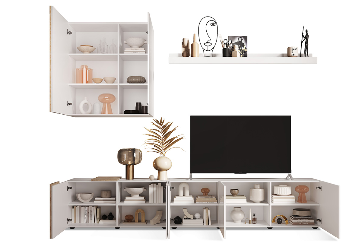 Parete attrezzata moderna, 6 ante battenti, finitura Bianco Lucido e Kadiz