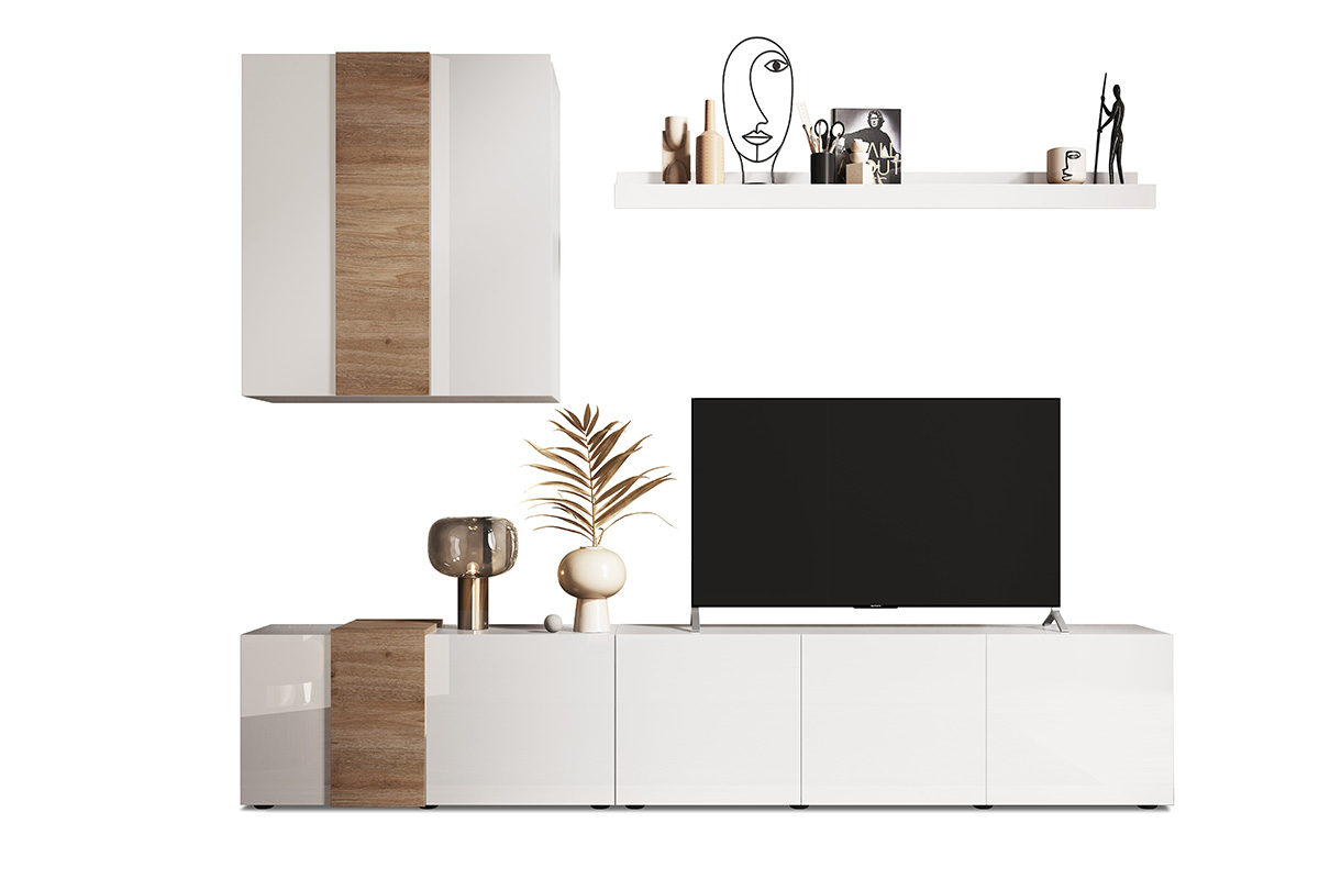 Parete attrezzata moderna, 6 ante battenti, finitura Bianco Lucido e Kadiz