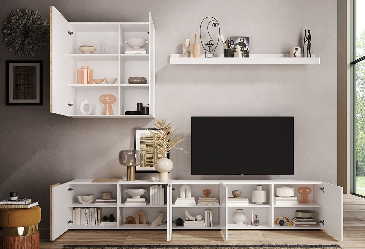 Parete attrezzata moderna, 6 ante battenti, finitura Bianco Lucido e Kadiz