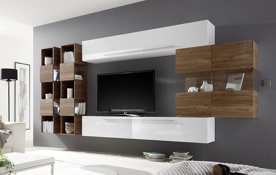 Soggiorno moderno Zenzero scontatissimo con parete attrezzata bianco lucido e noce dark