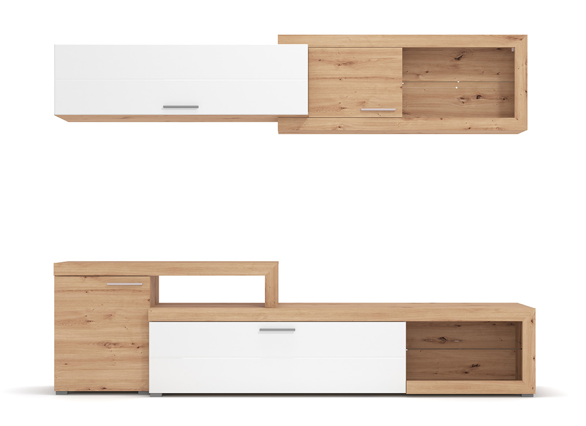 Parete attrezzata design moderno, finitura Rovere e Bianco