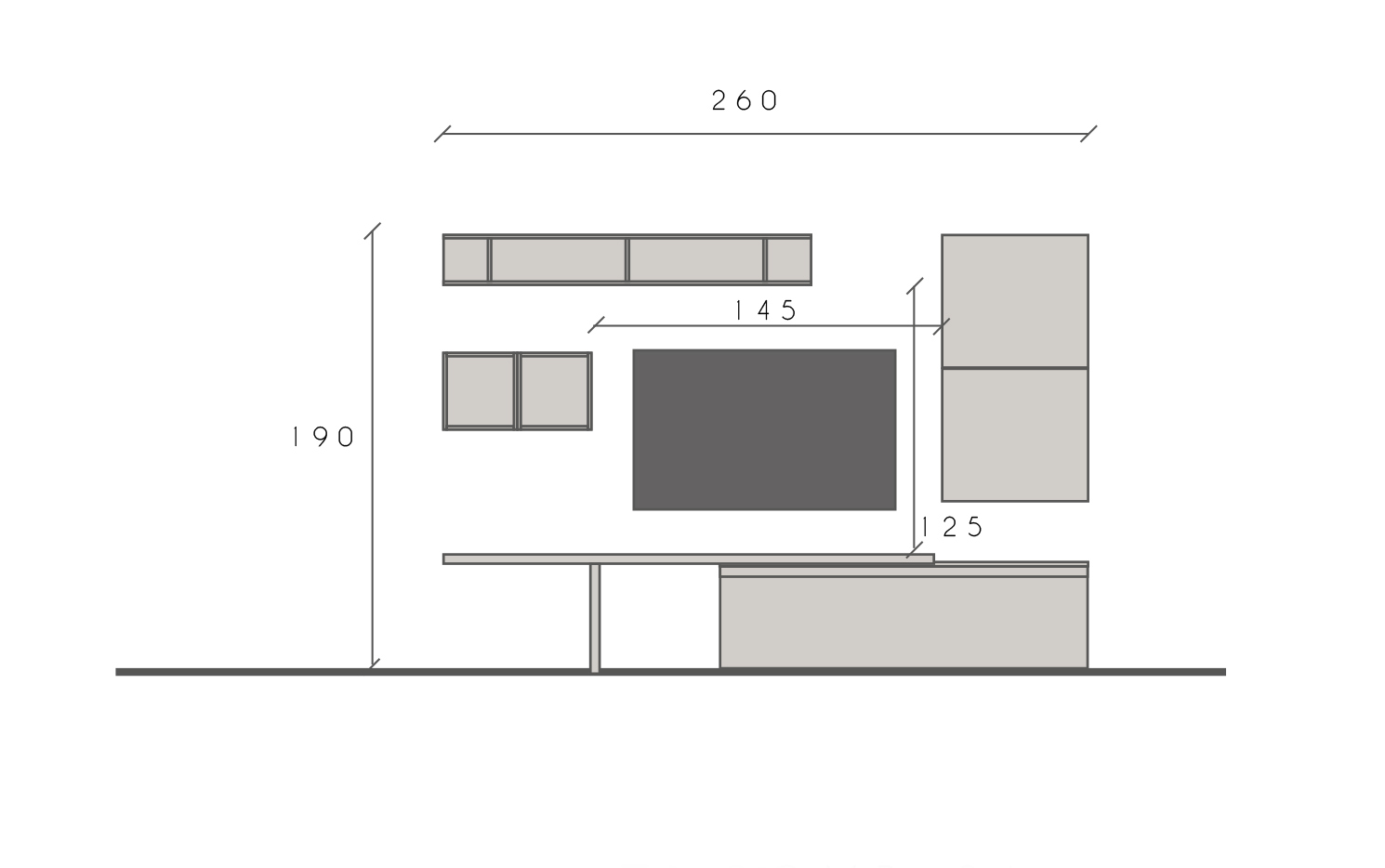 Parete attrezzata 260x40x190 h cm, Argilla, Cadiz e Bronzo, collezione Logica