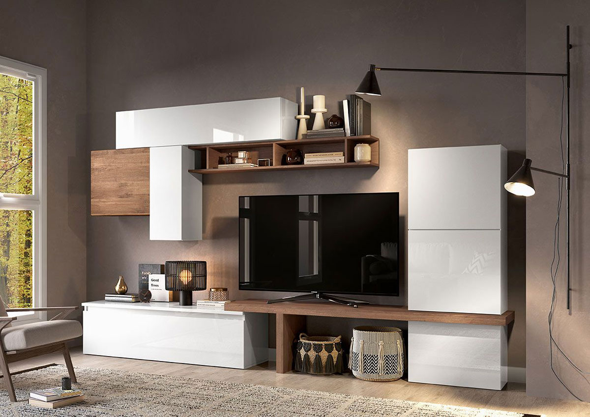 Parete attrezzata 280x40x202 h cm, Bianco lucido e Mercure, collezione Logica Zenzero Shop