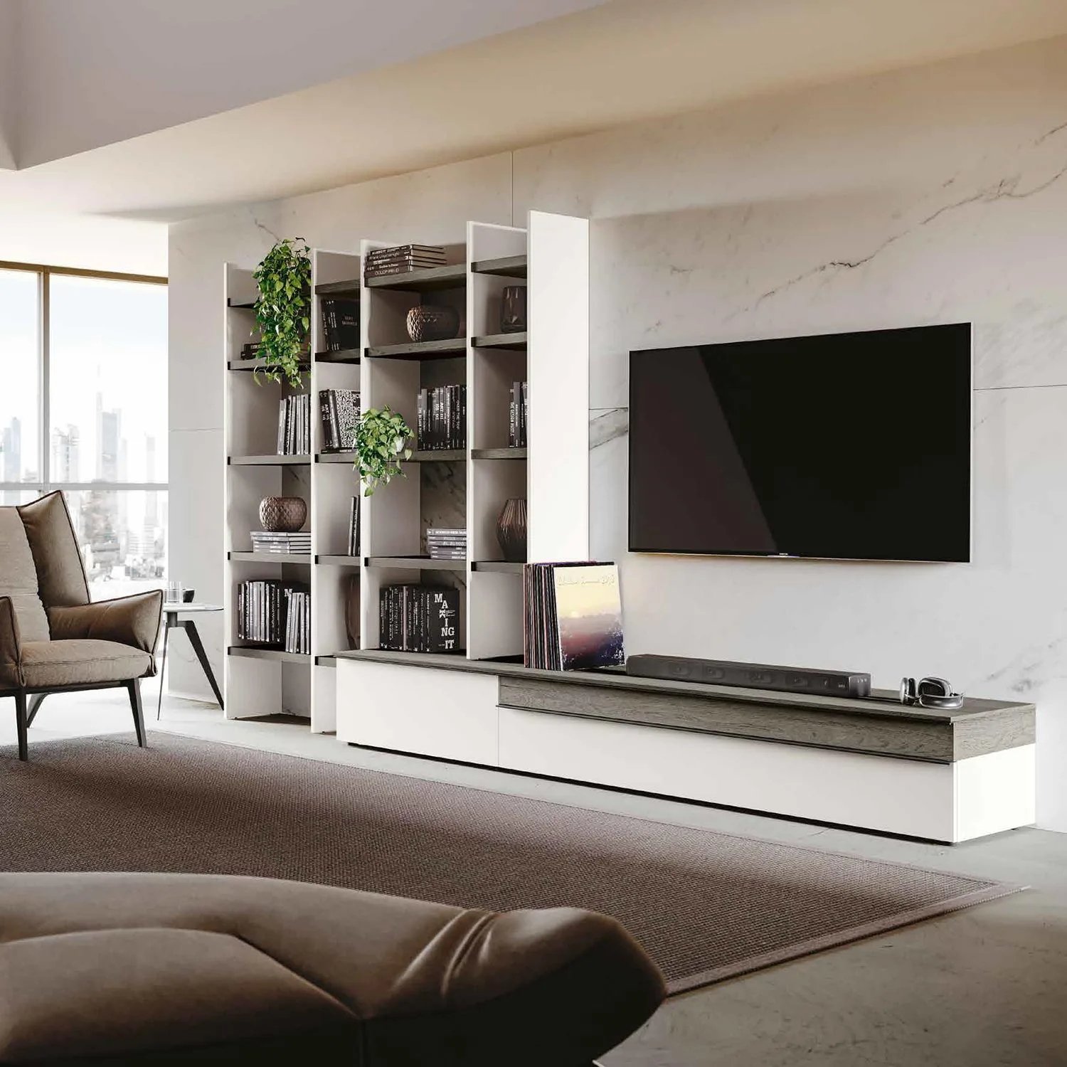 parete con libreria bianca opaco