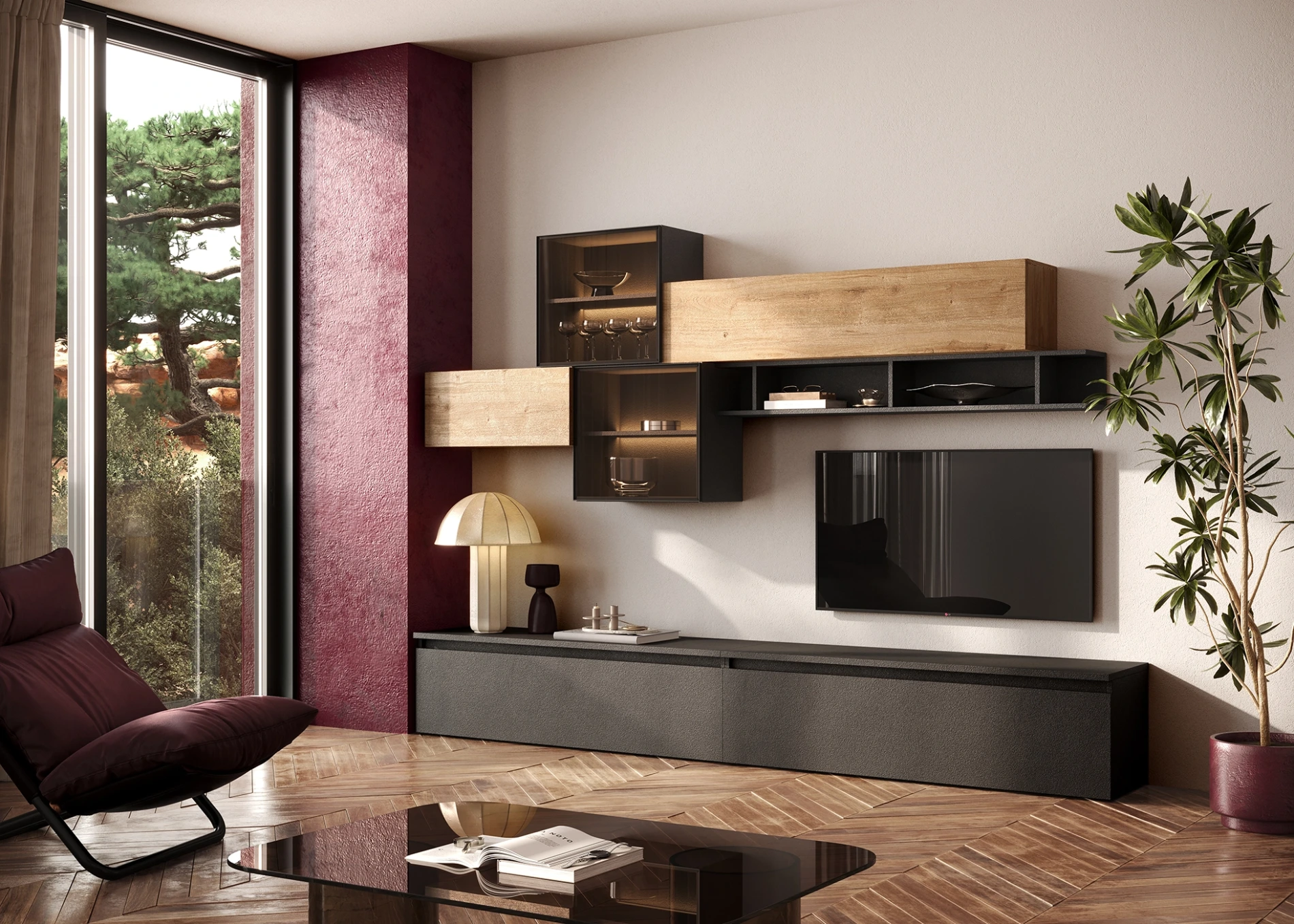 Parete attrezzata con pensili ante vetro,Lava e Cadiz, L.276