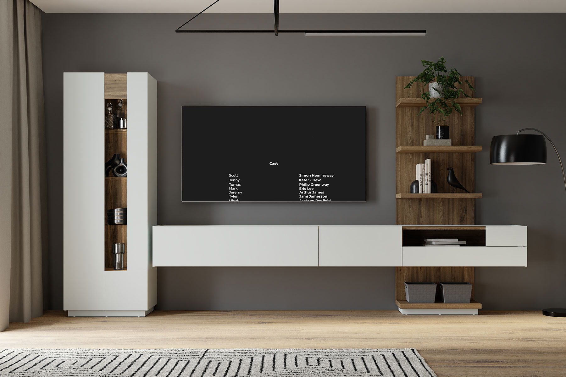 Parete attrezzata con mobile sospeso, 340x194x41 h cm, Bianco gesso e Rovere valencia Zenzero Shop