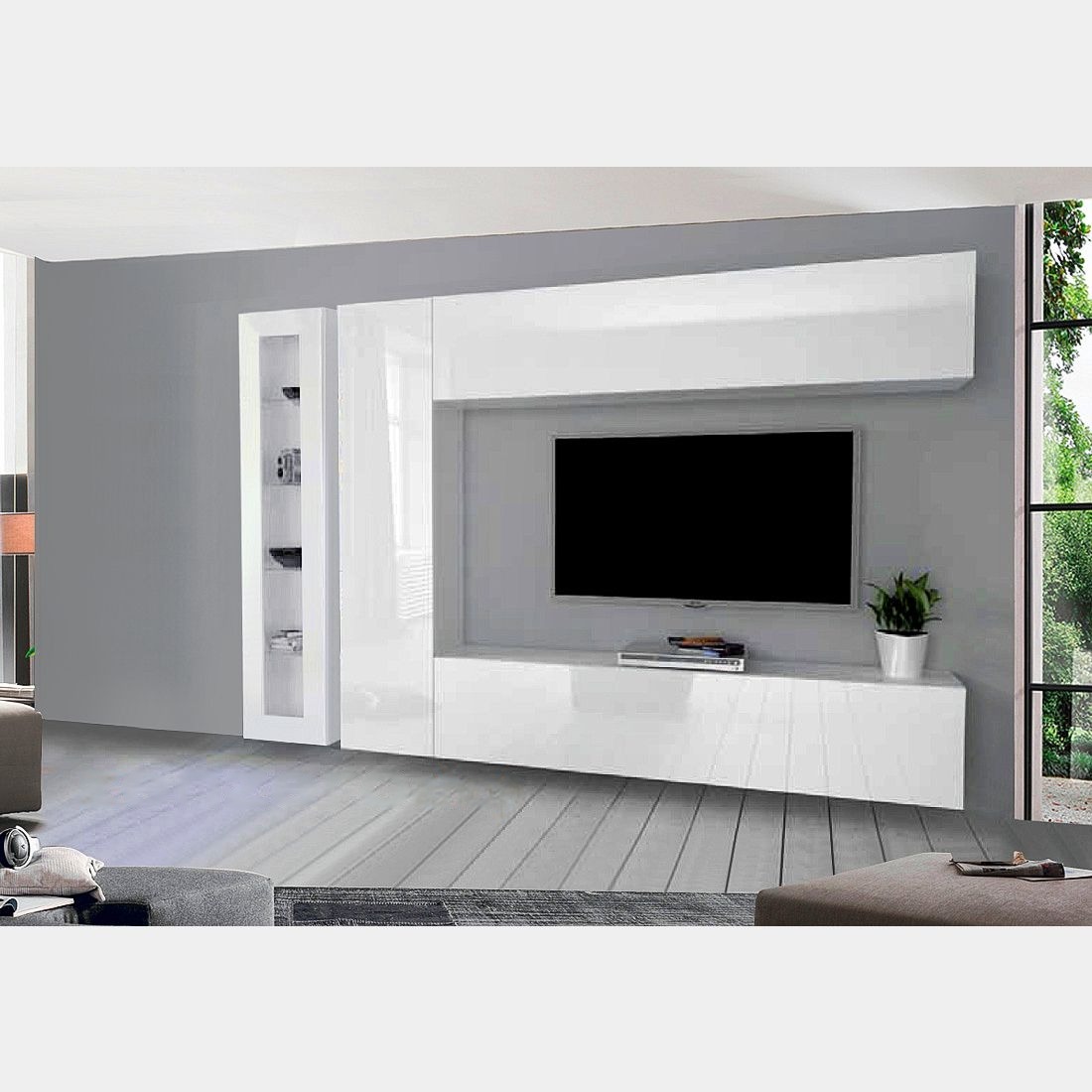 Parete attrezzata con 1 vetrina, 1 colonna e 2 pensili orizzontali, finitura bianco lucido