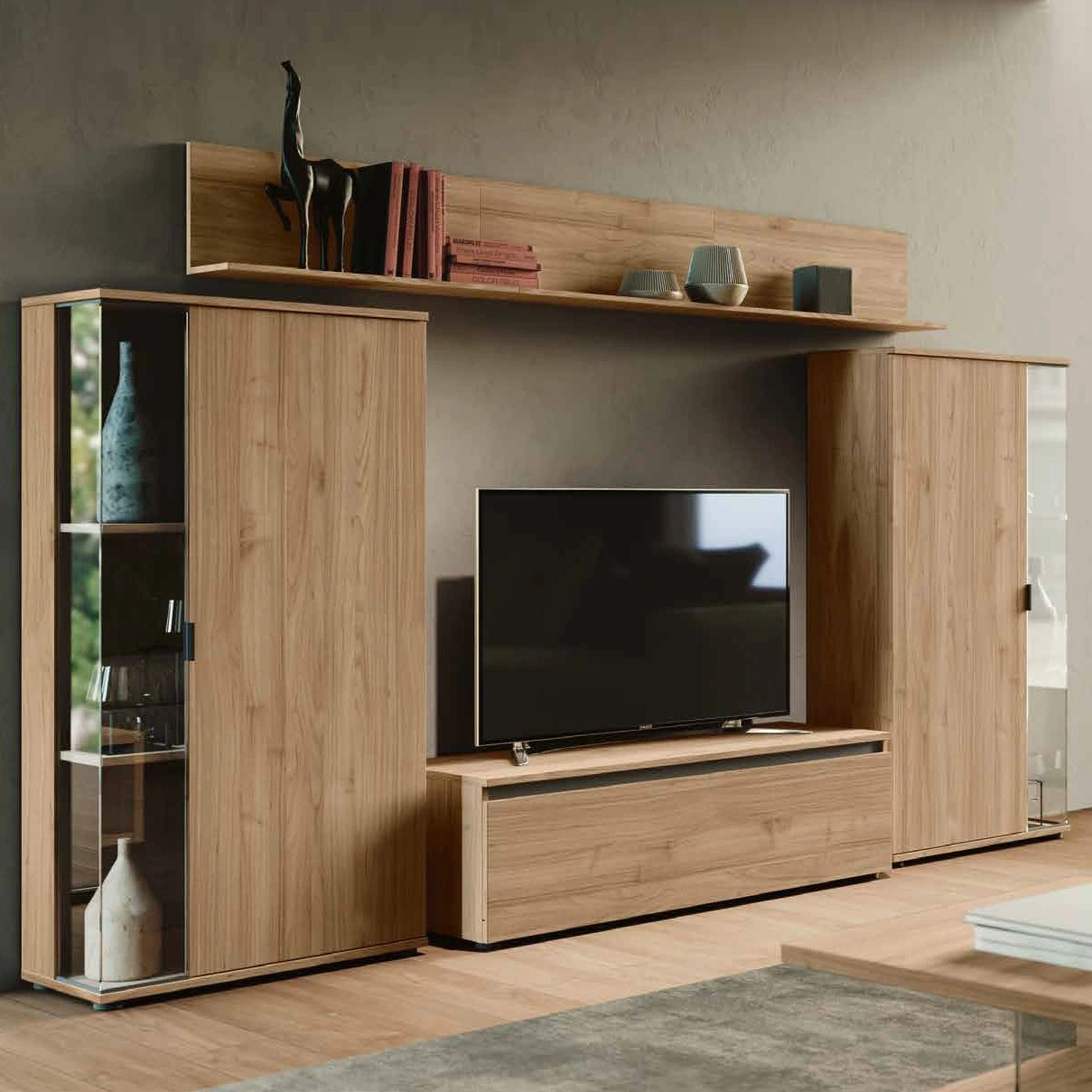 parete noce biondo con vetrina