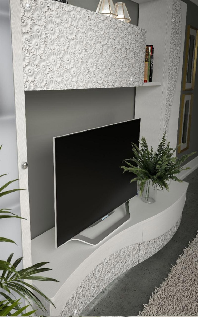 Parete attrezzata contemporanea con serigrafie floreali, Bianco