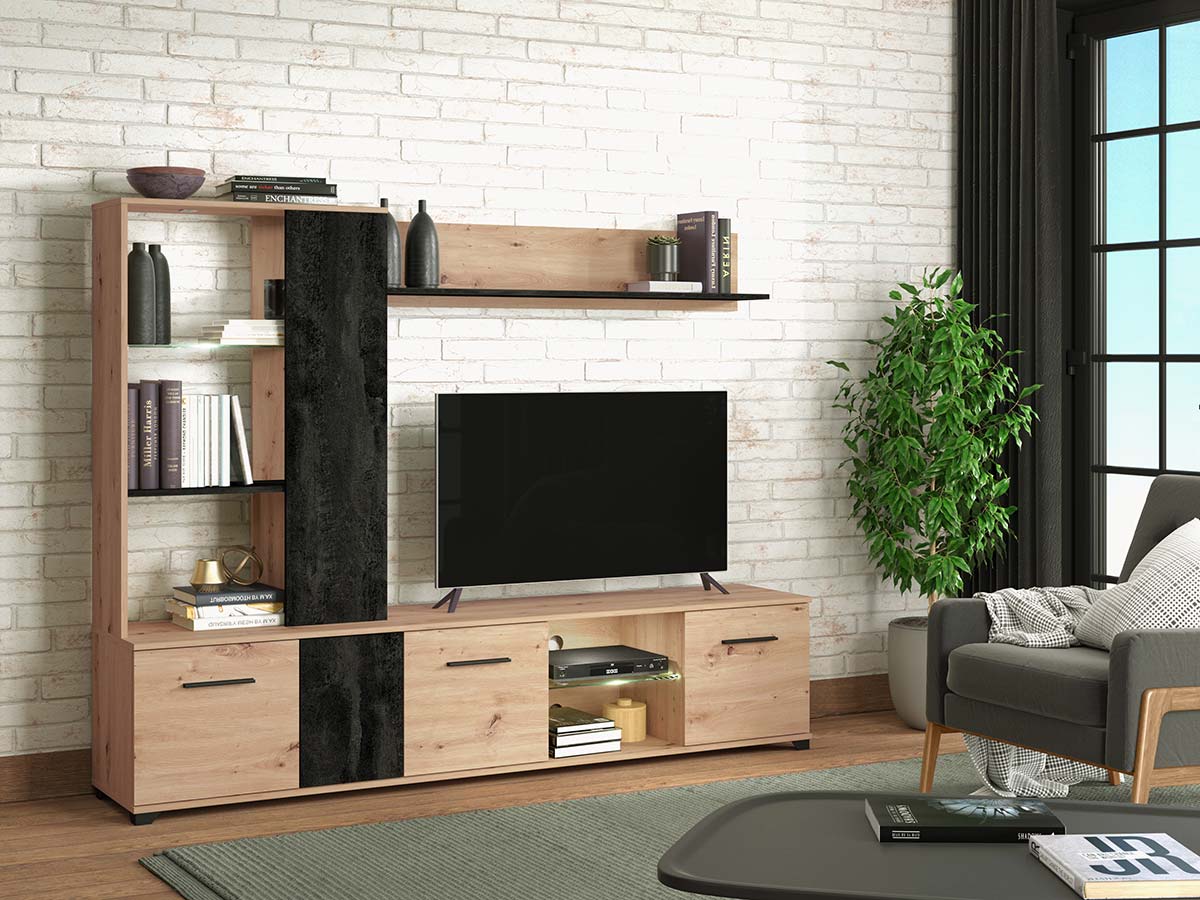 Parete attrezzata di design finitura Rovere e Carbone