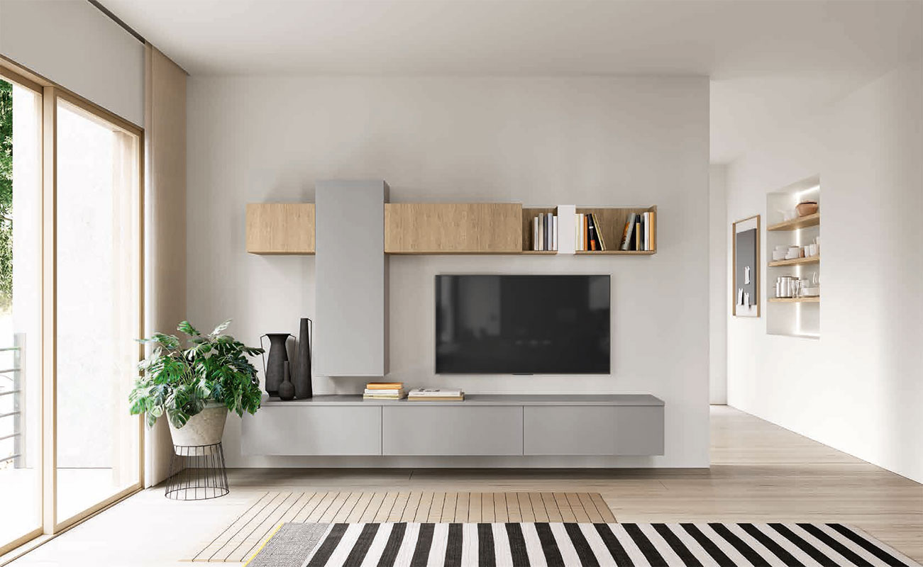 Parete attrezzata salotto, finitura Grigio dorian e Royal oak