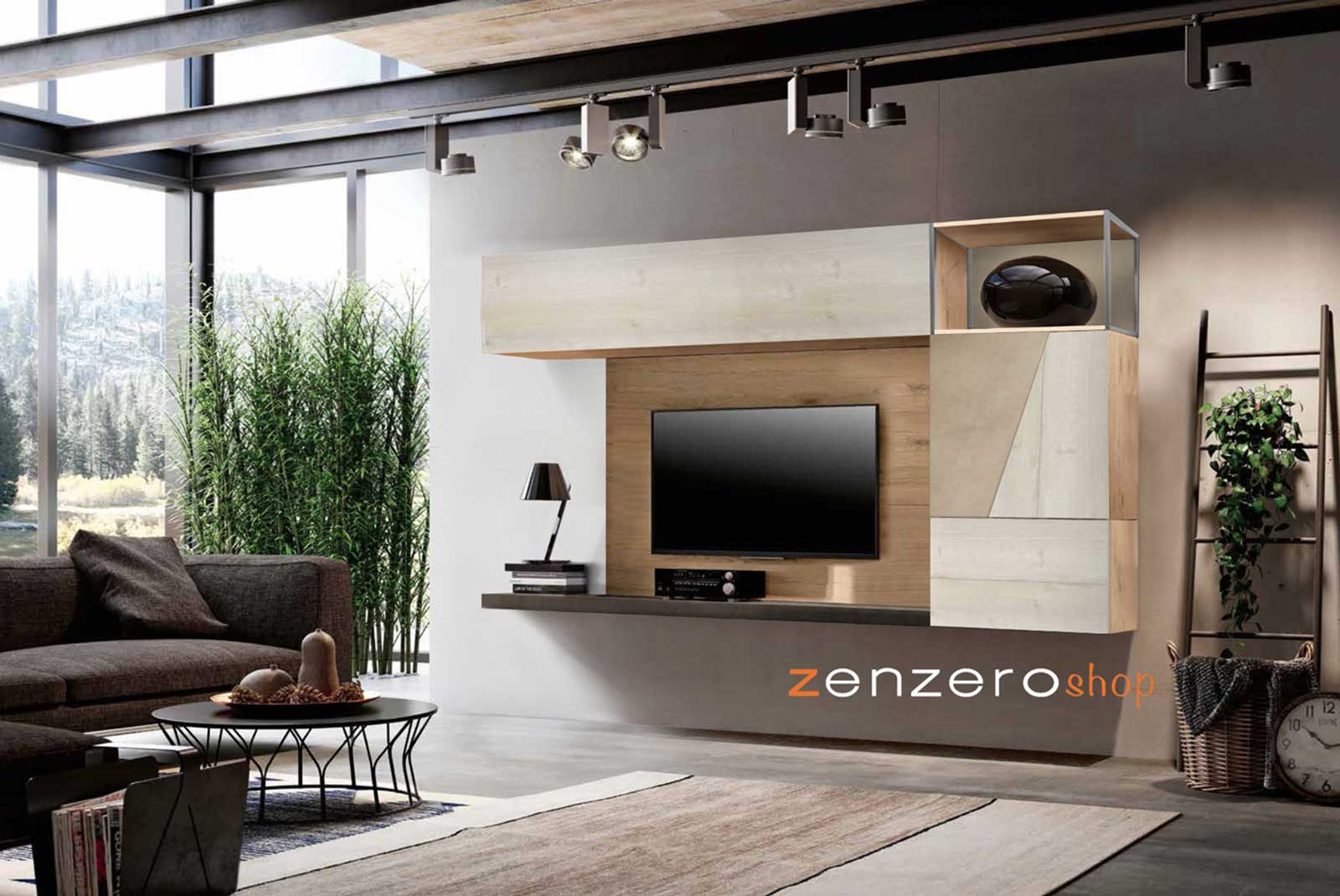 Parete attrezzata moderna finitura Argilla, Grigio Cenere e Rovere sbiancato