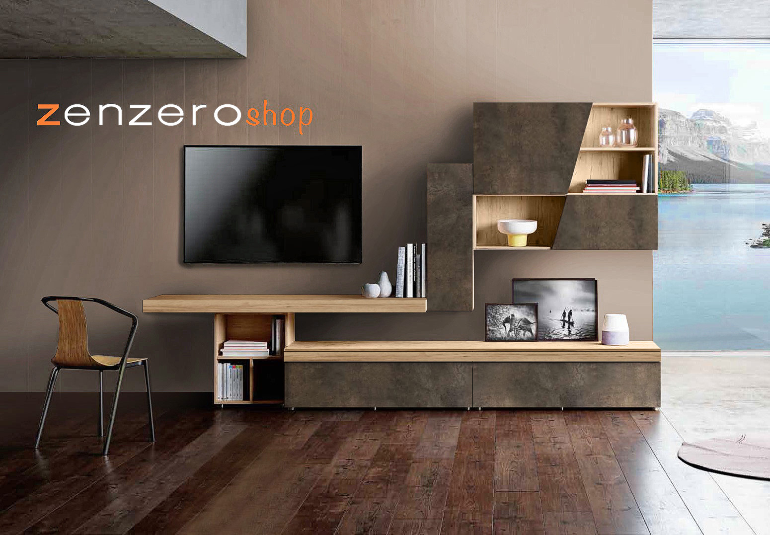 Parete attrezzata moderna finitura Rovere chiaro e Ardesia chiara