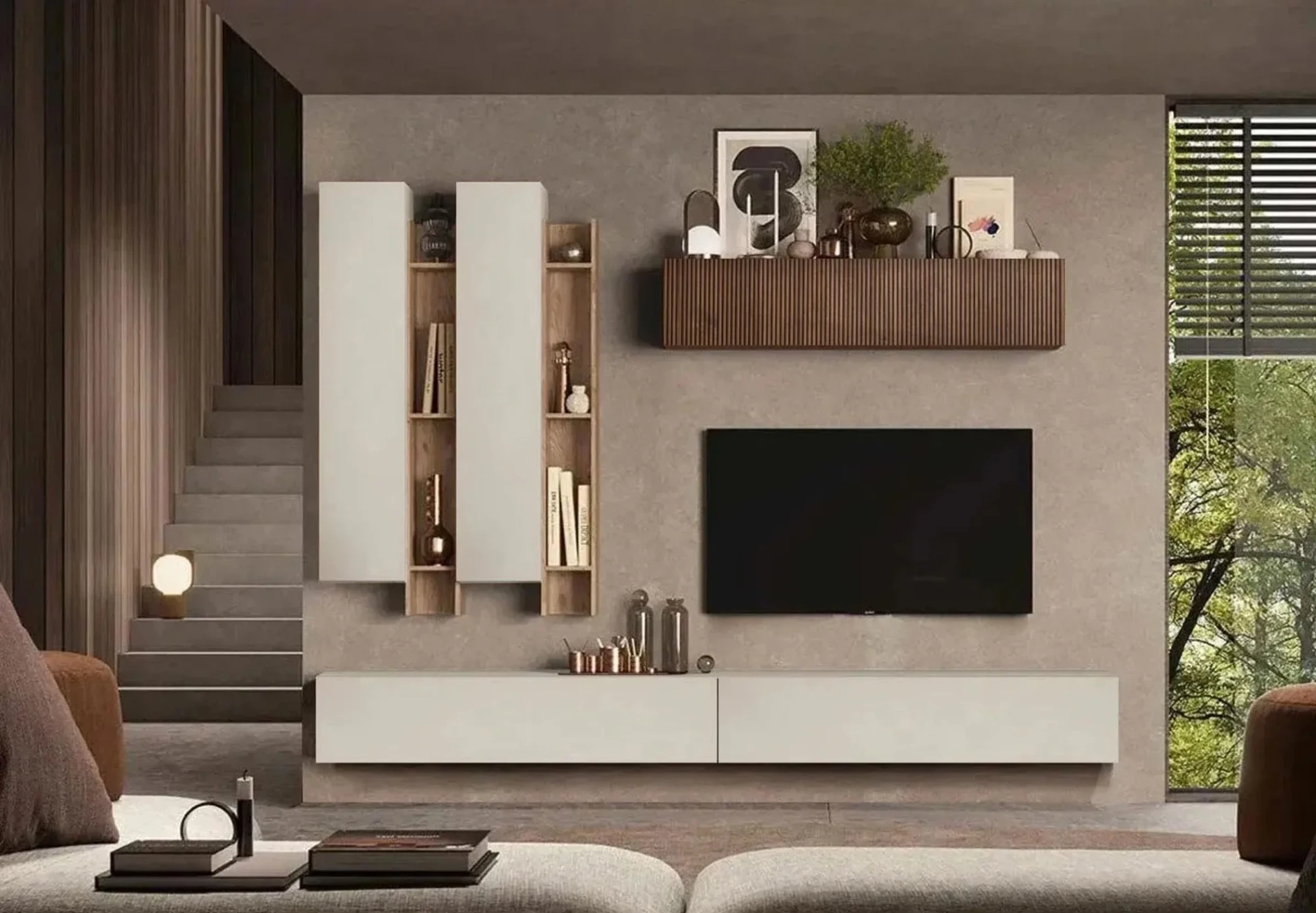 Parete attrezzata 262x40x210 h cm, Cashmere, Cadiz e Mercure cannettato, collezione Logica Zenzero Shop