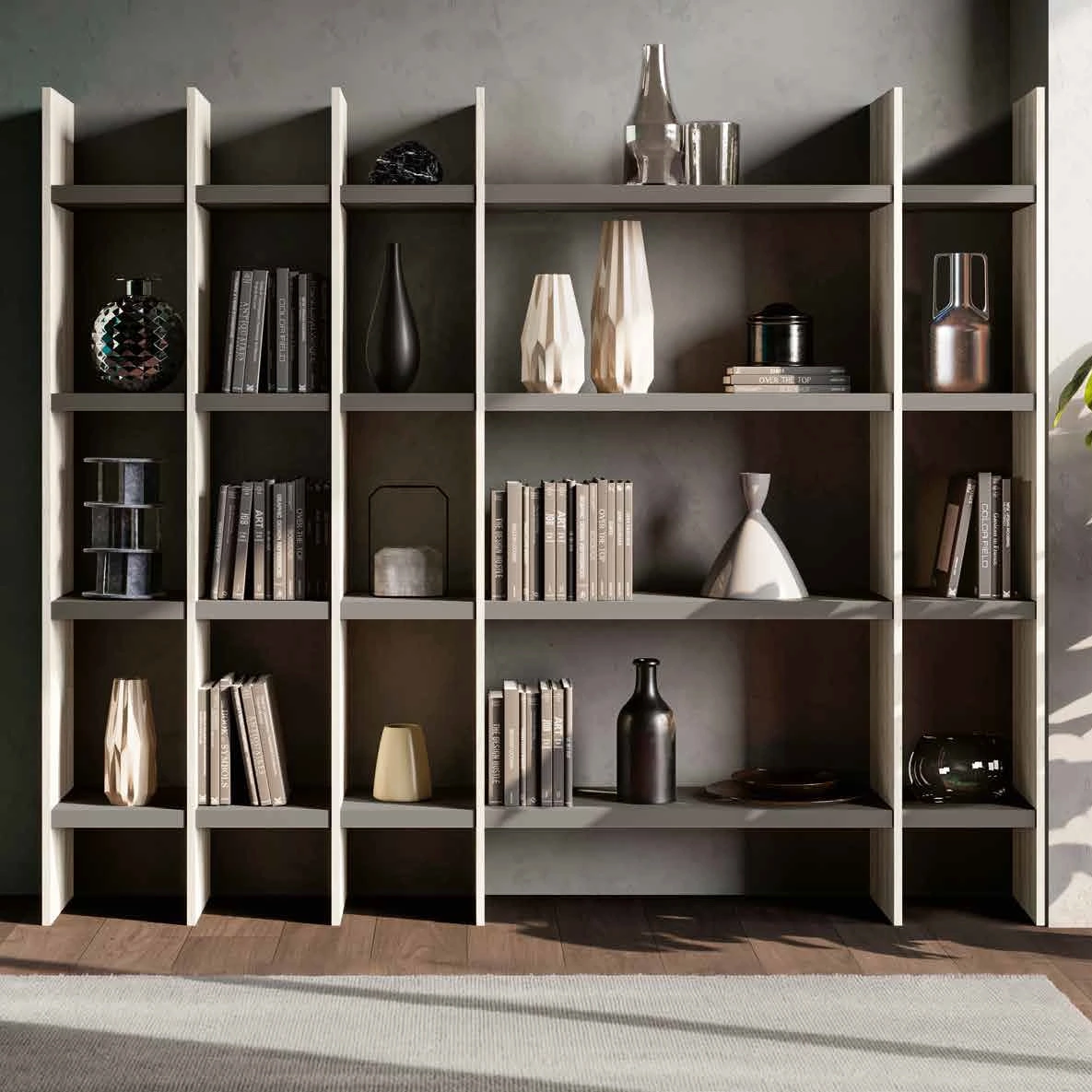 Libreria moderna 221x38x185 h cm, Bianco altea e Grigio cenere, collezione Easy Zenzero Shop