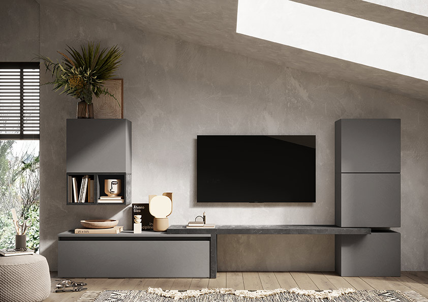 Parete attrezzata, piombo e ardesia, stile industry