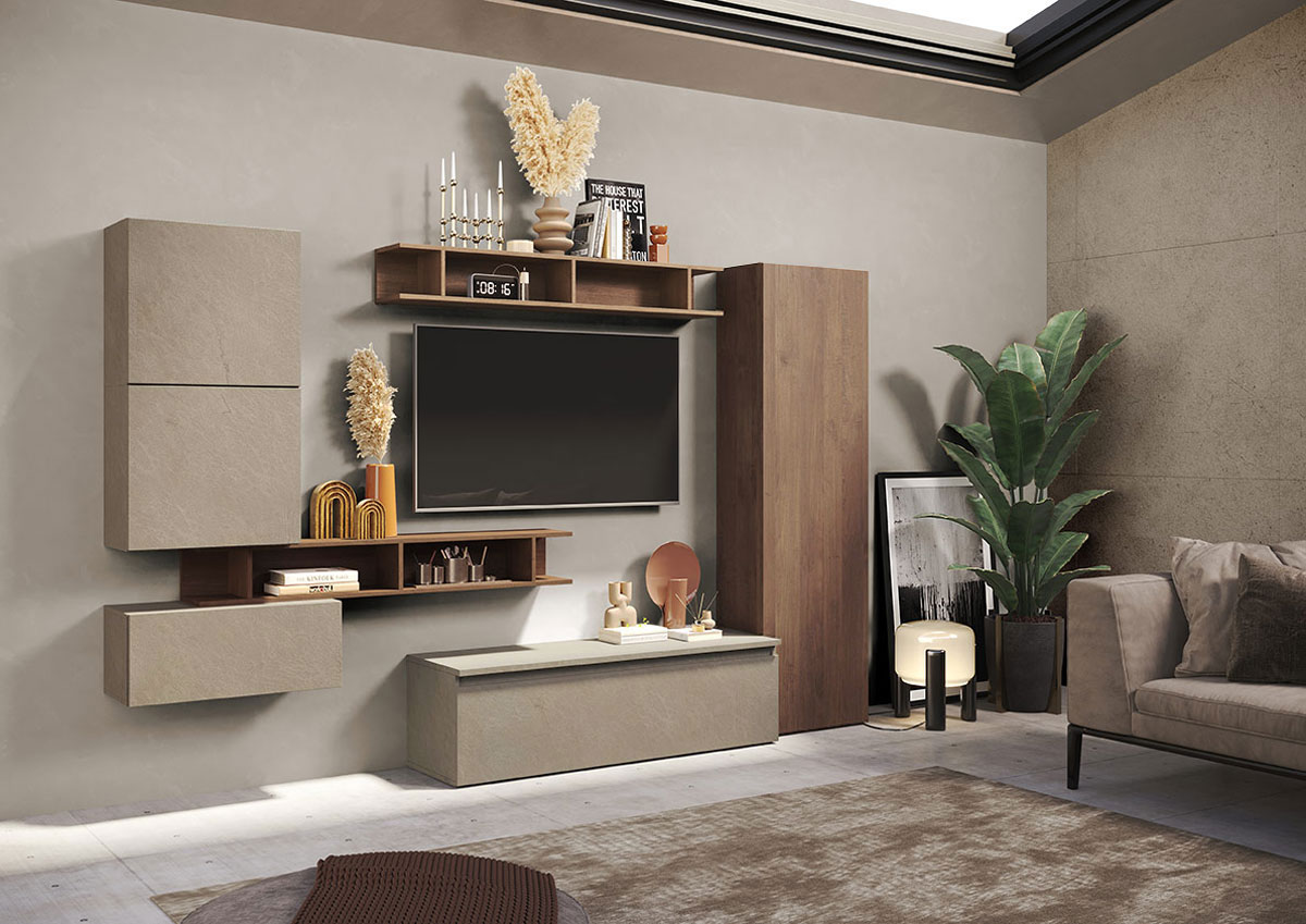 Parete attrezzata di design Made in Italy, Argilla e Mercure