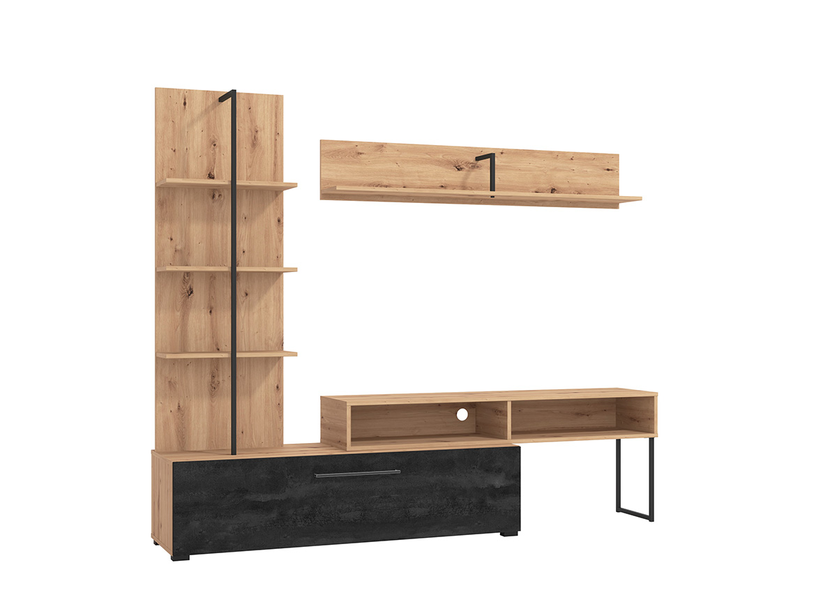 Parete moderna con ribalta e libreria, finitura Rovere e Carbone