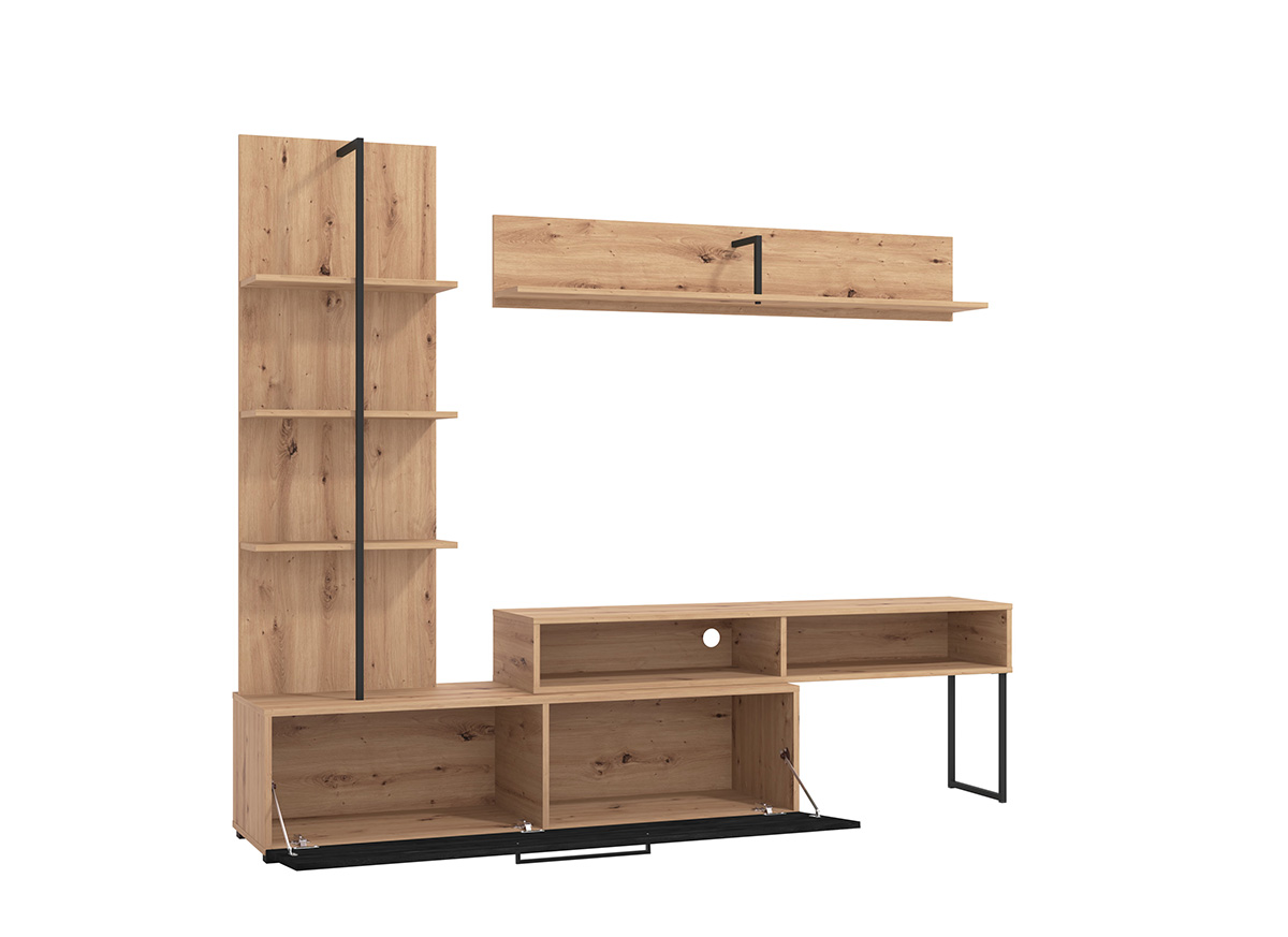 Parete moderna con ribalta e libreria, finitura Rovere e Carbone