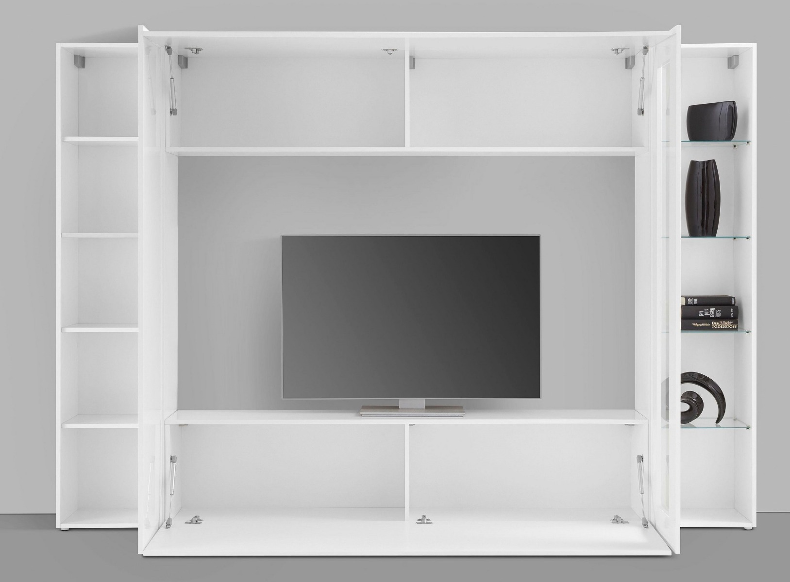 Soggiorno Zenzero, parete attrezzata con 1 vetrina, 2 pensili orizzontali e 1 colonna, finitura bianco lucido