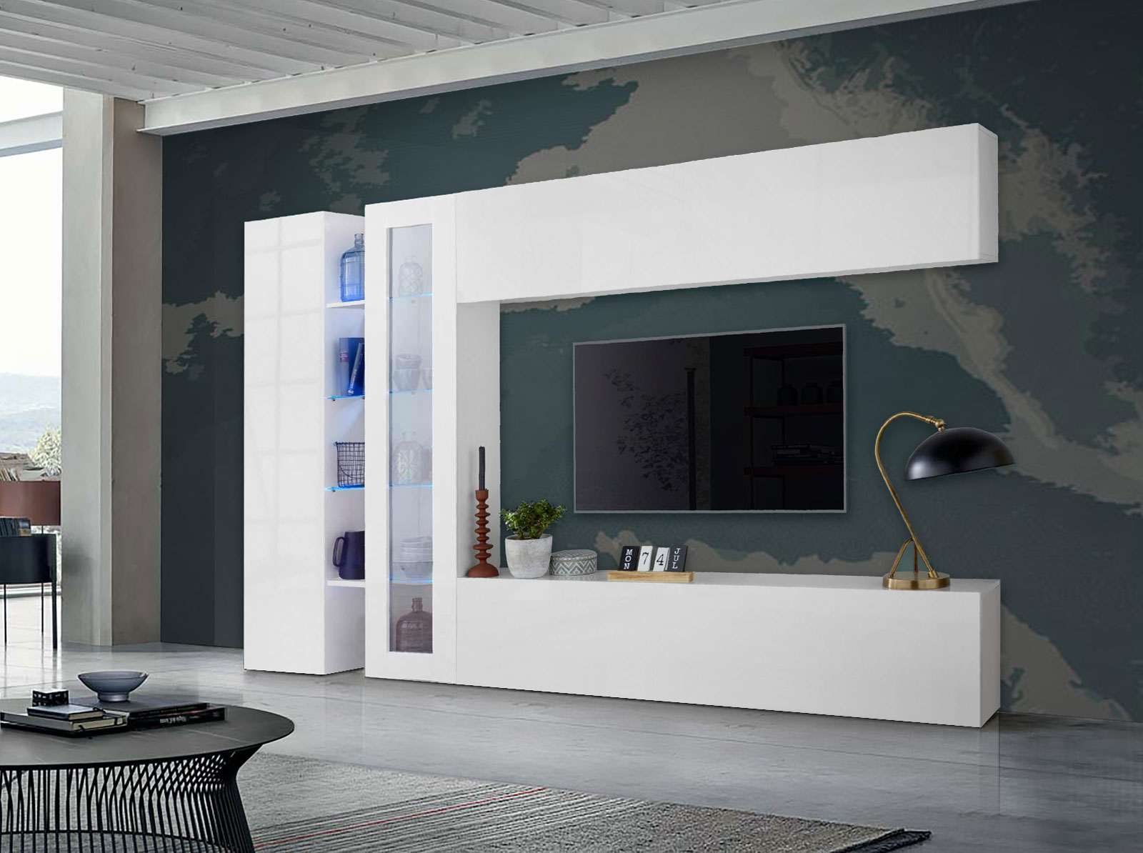 Parete attrezzata di design con vetrina L.280 cm, finitura Bianco lucido 