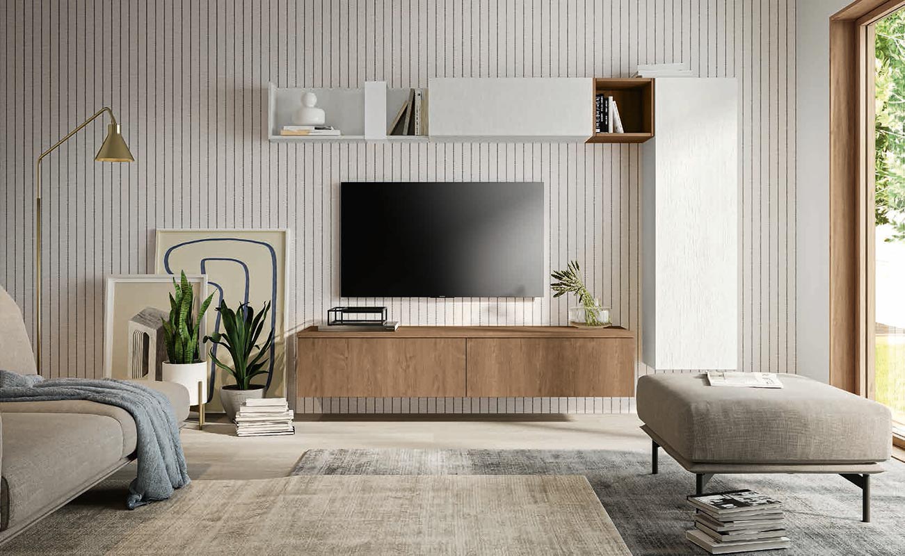 Parete moderna salotto, finitura Rovere bianco e Rovere cognac