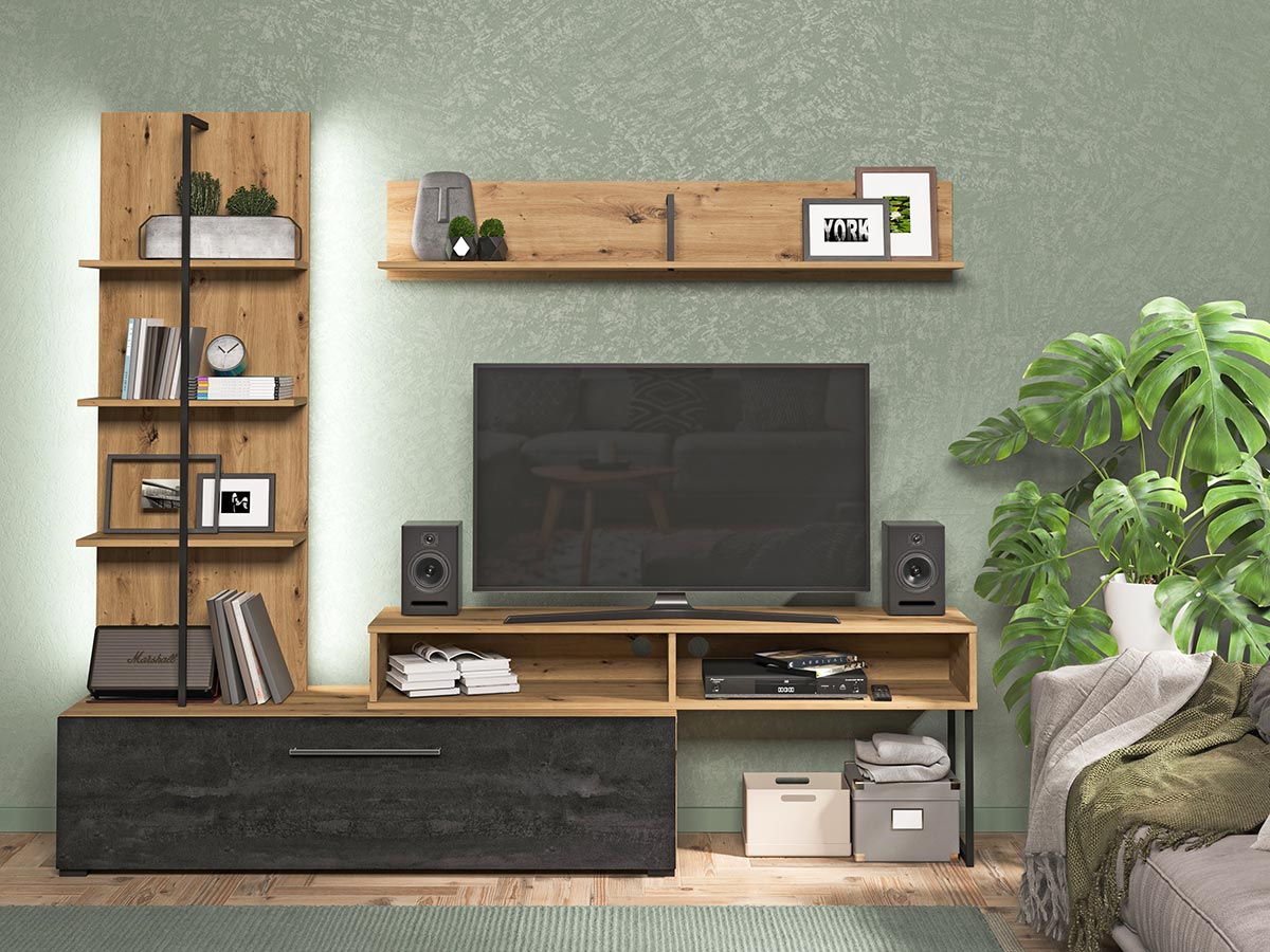 Parete moderna con ribalta e libreria, finitura Rovere e Carbone