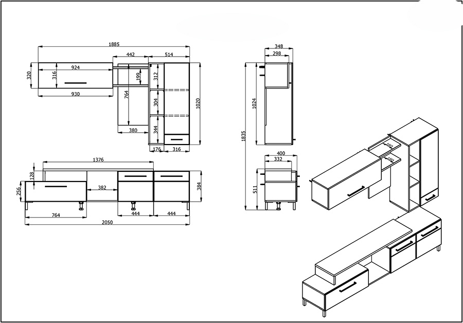 parete attrezzata noce e bianca