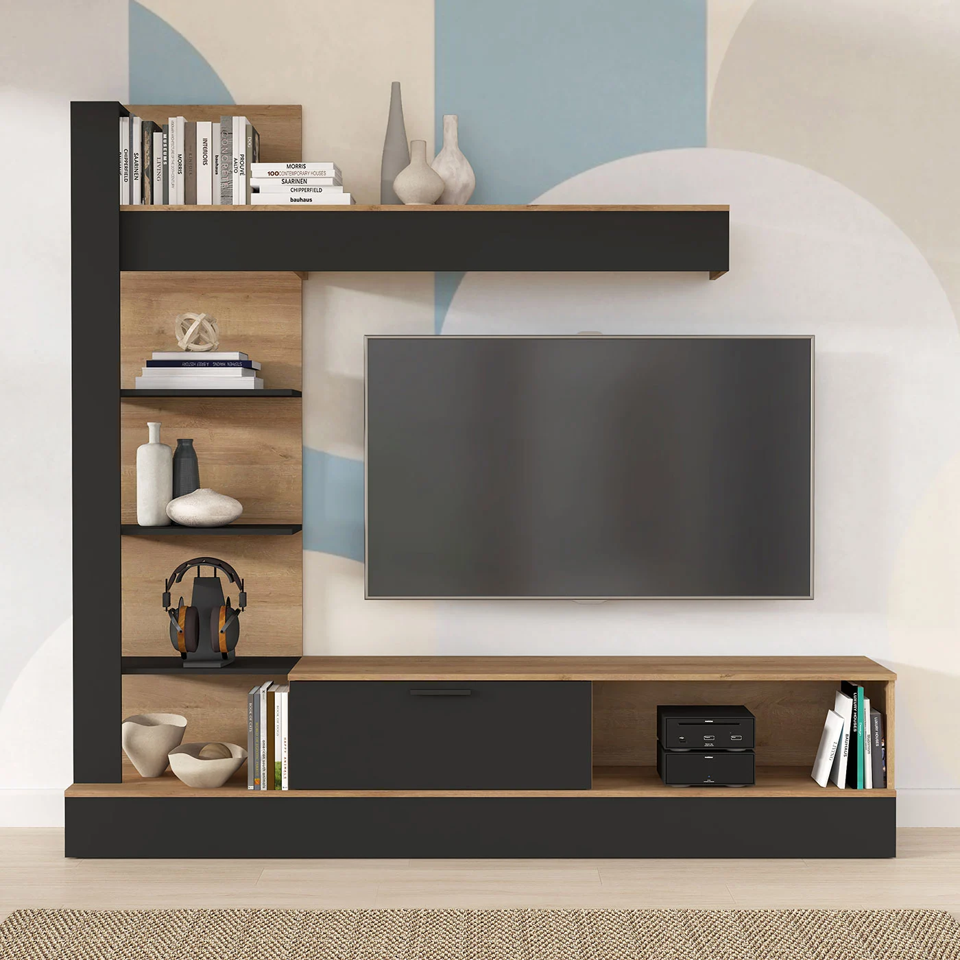 parete attrezzata nera e rovere