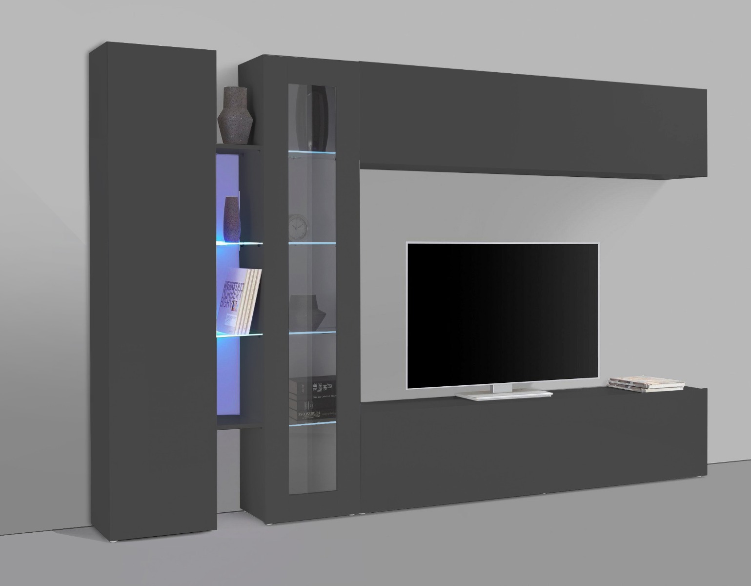 Elegante Parete attrezzata di design con vetrina L.280 cm, finitura Antracite lucido