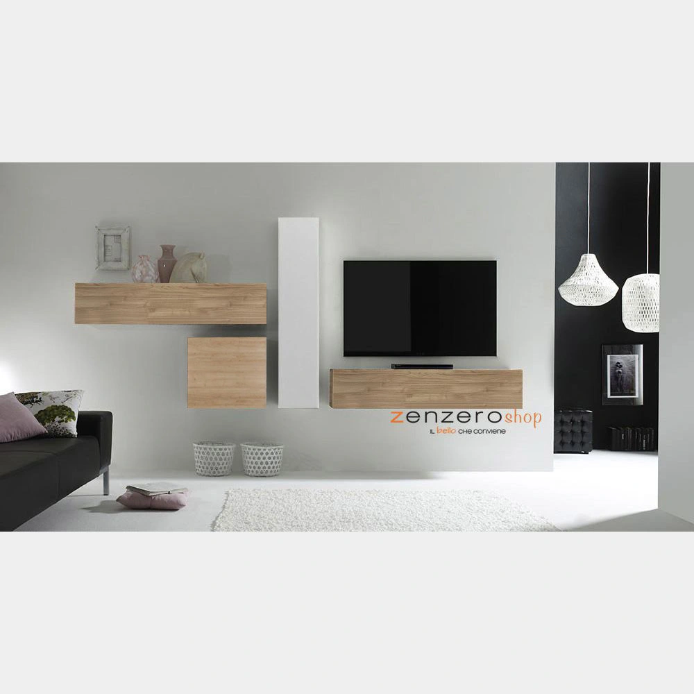 Parete attrezzata moderna con pensili e ribalte Bianco Lucido e Cadiz