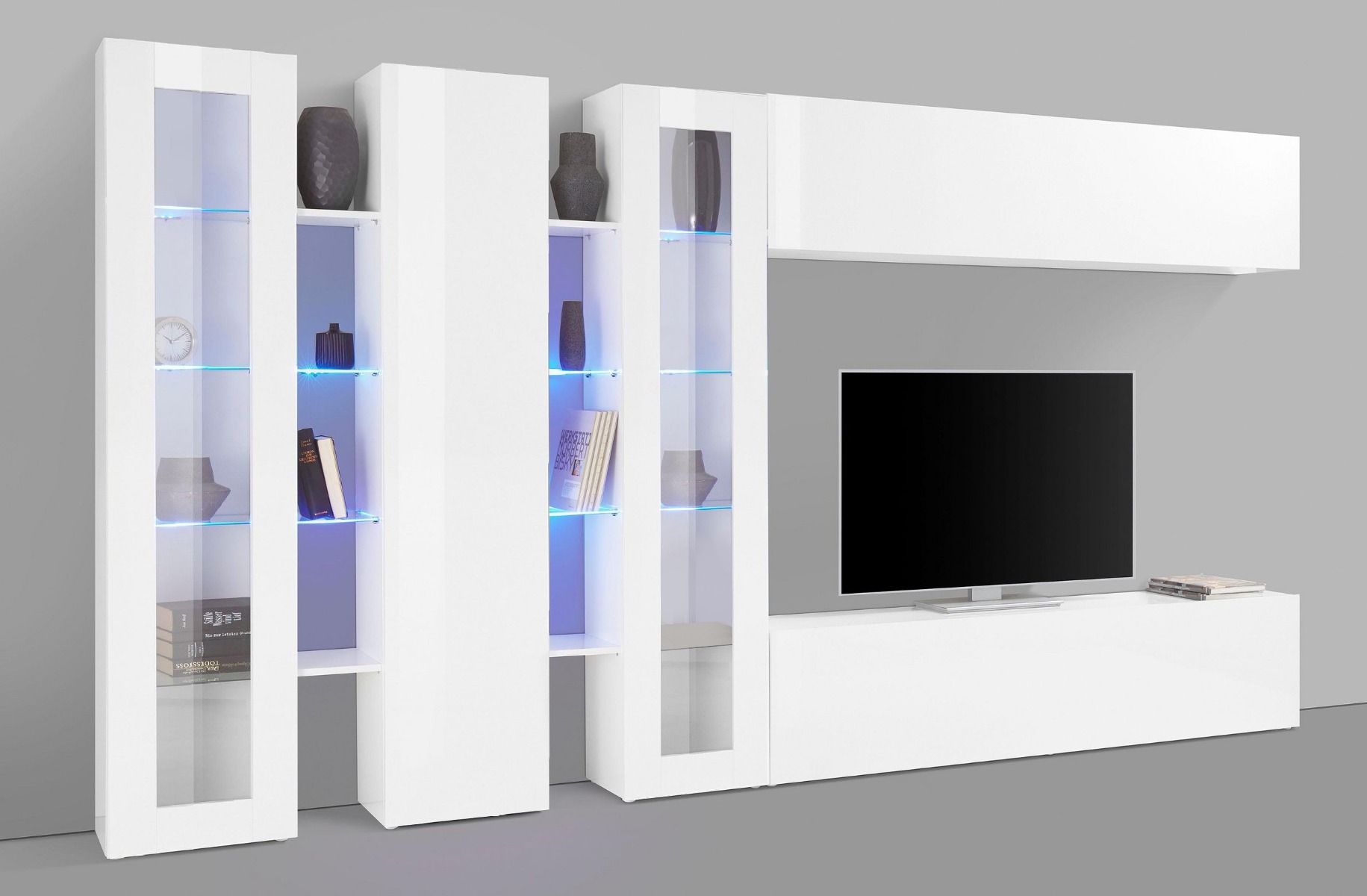 Conveniente Parete attrezzata con vetrine L.340 cm, finitura Bianco lucido, Made in Italy