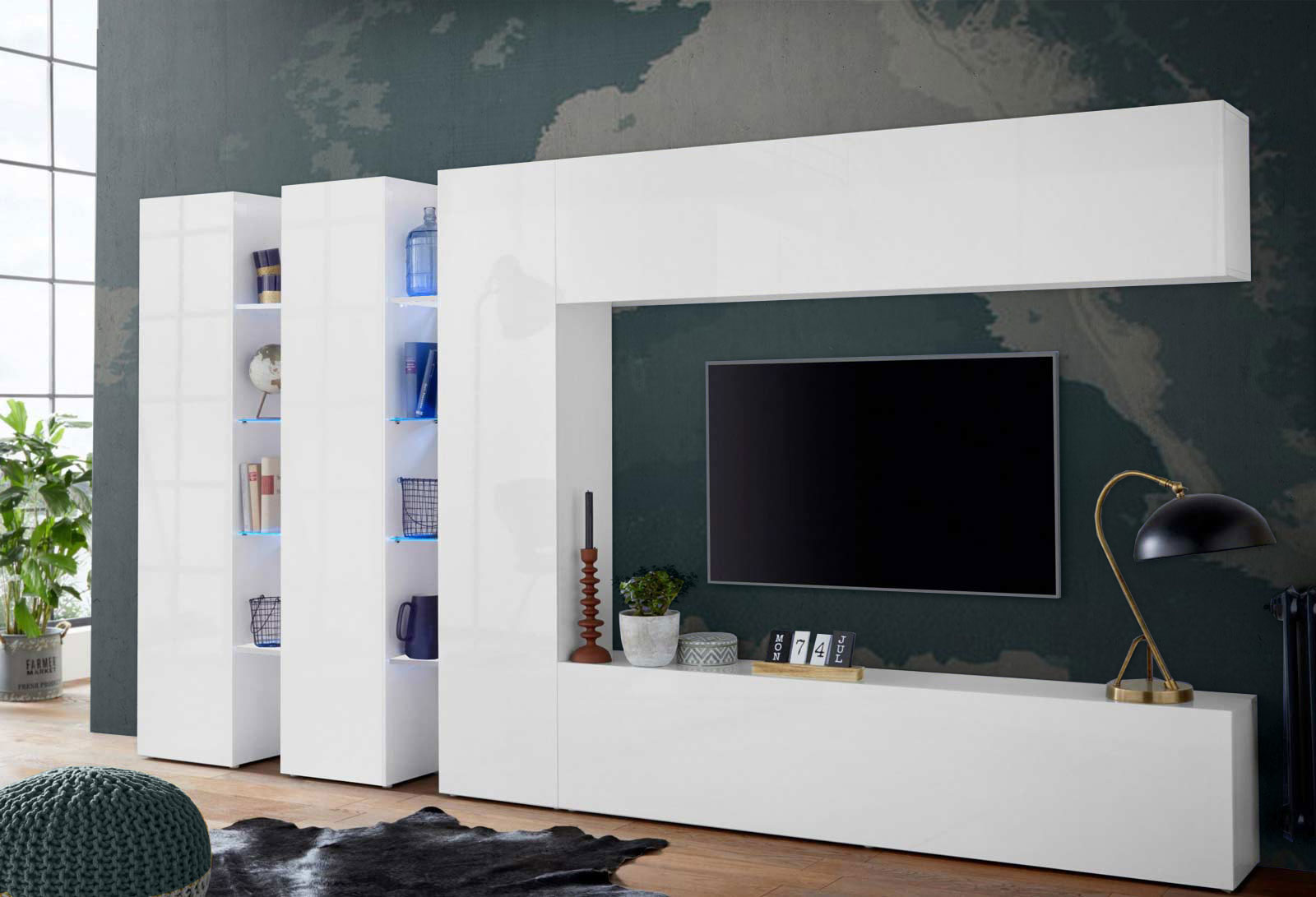 Parete attrezzata L.340 cm, finitura Bianco lucido, Made in Italy