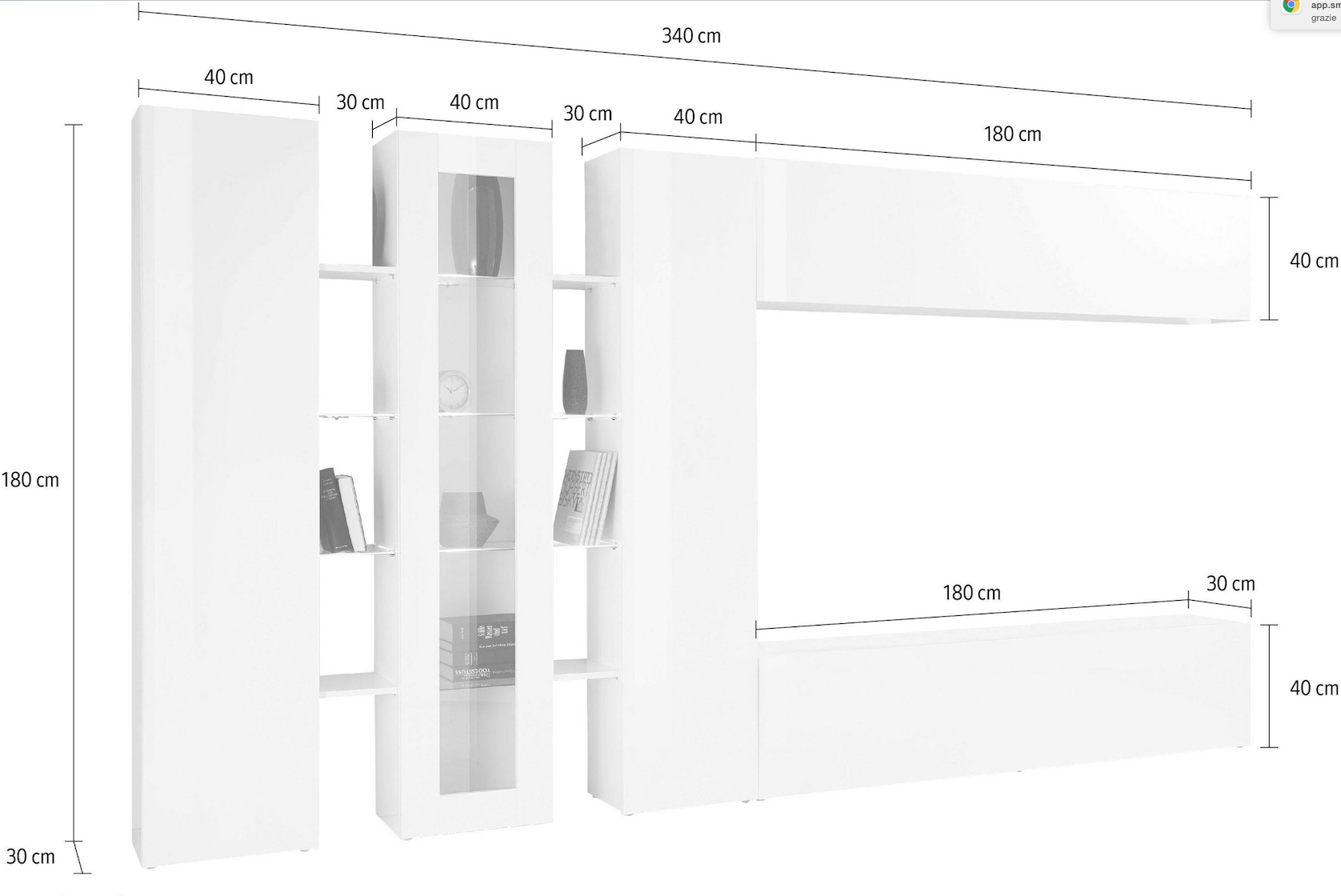 Parete attrezzata con 1 vetrina, 2 colonne e 2 pensili orizzontali, finitura bianco lucido