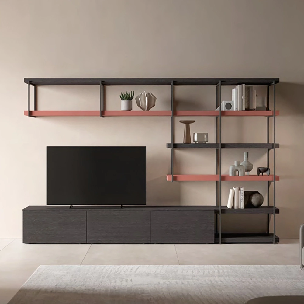 Parete attrezzata SKT15 Tomasella, Rovere carbone e Laccato Rubino