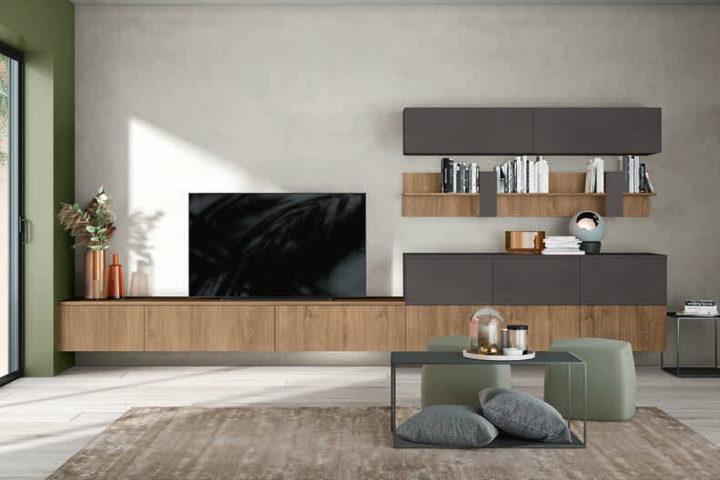 Parete attrezzata sospesa in finitura Rovere Cognac e Grigio titanio