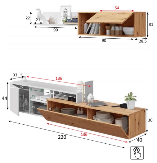 Parete attrezzata economica, finitura Bianco opaco e Rovere nodi
