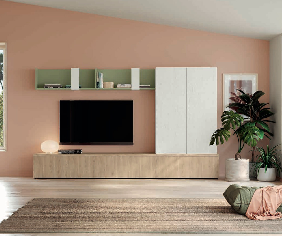 Parete moderna soggiorno, finitura Rovere bianco, Royal oak e Oliva