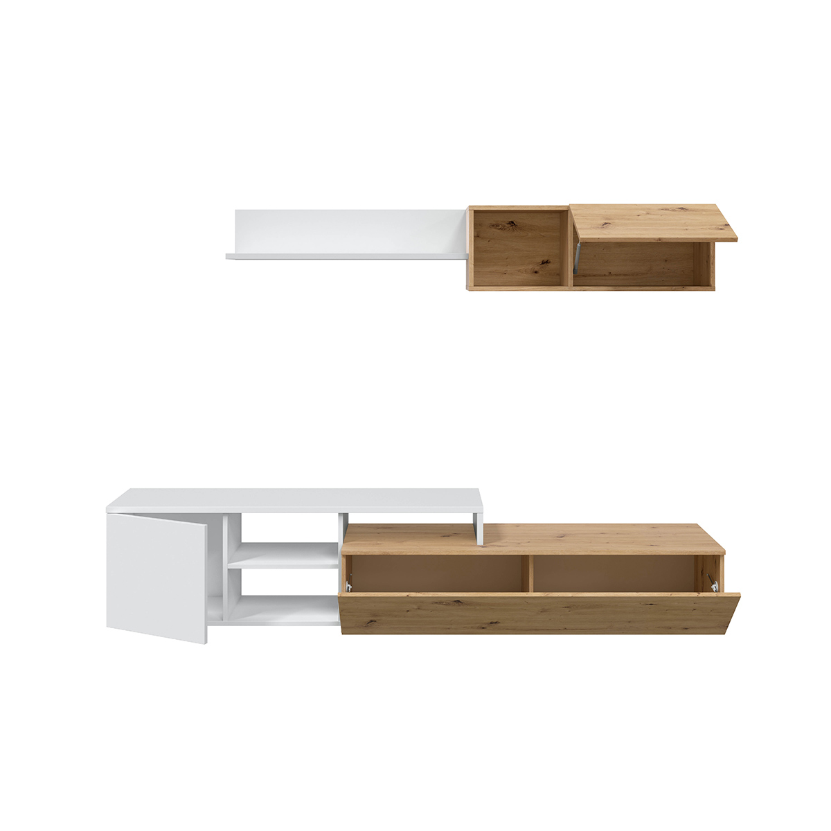 Parete attrezzata economica, finitura Bianco opaco e Rovere nodi