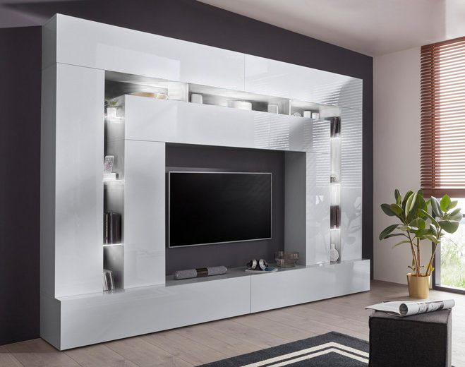 Pareti salotto parete attrezzata di grande dimensioni completamente bianca lucida
