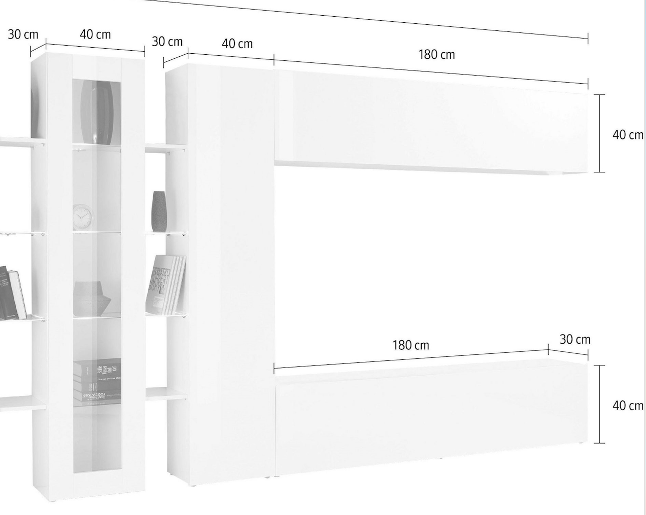 Parete attrezzata con 1 vetrina, 1 colonna e 2 pensili orizzontali, finitura bianco lucido