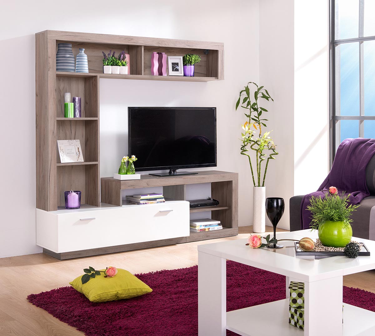 Parete attrezzata soggiorno, finitura Rovere grigio e Bianco opaco