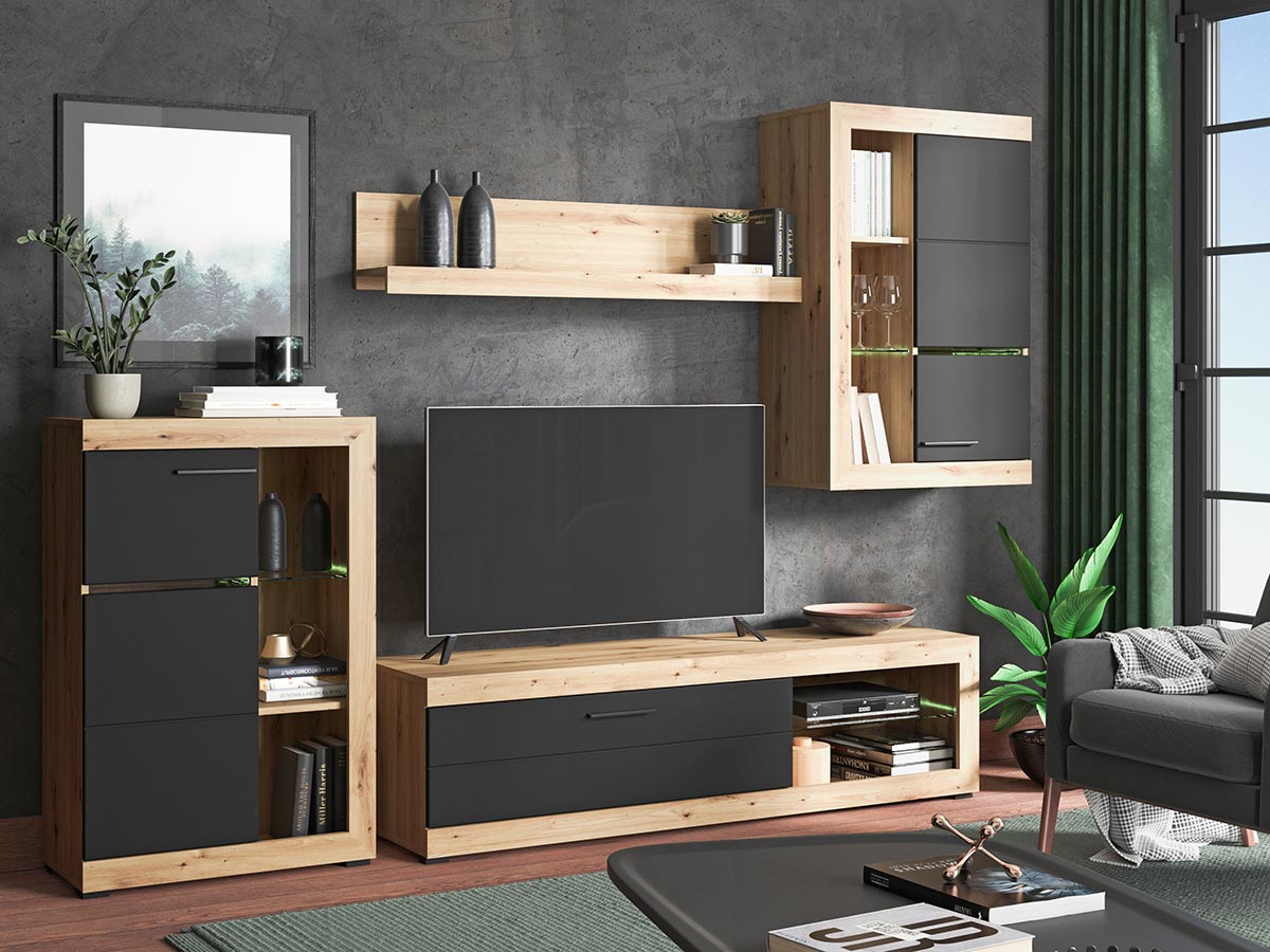 Parete attrezzata con vetrine, finitura Rovere e Nero opaco