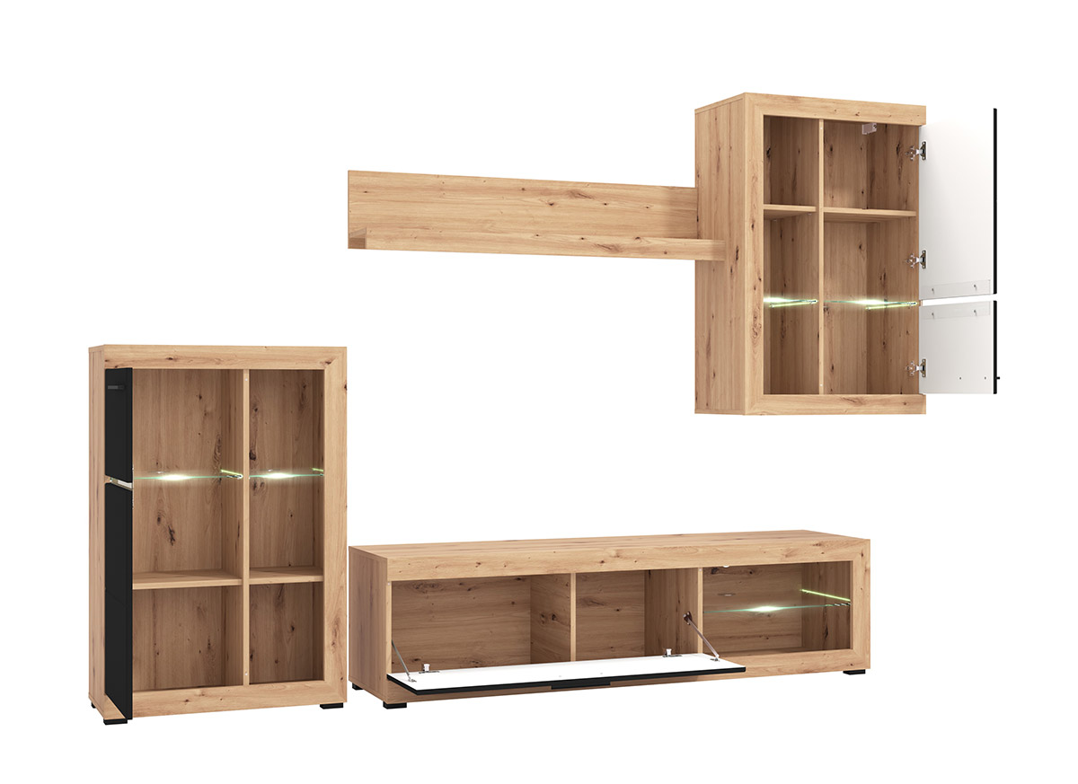 Parete attrezzata con vetrine, finitura Rovere e Nero opaco