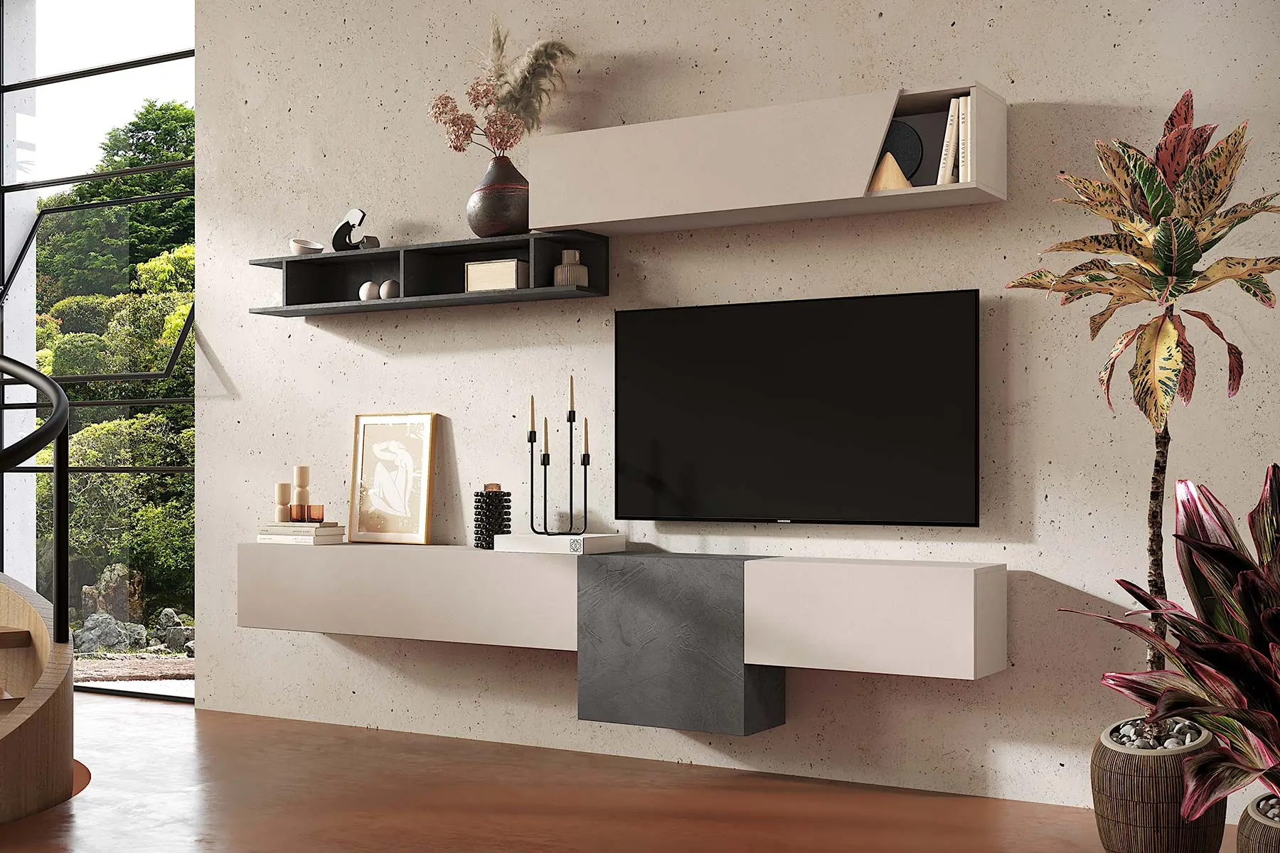 parete cashmere e grigia sospesa