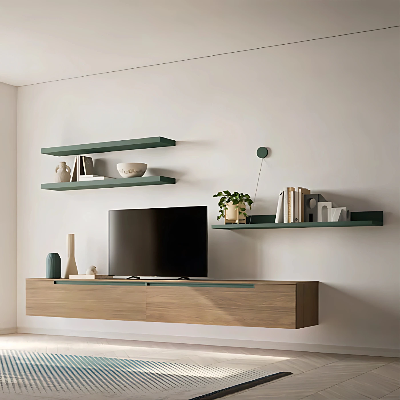 Parete attrezzata sospesa SKT32 Tomasella, Rovere cognac e Mirto